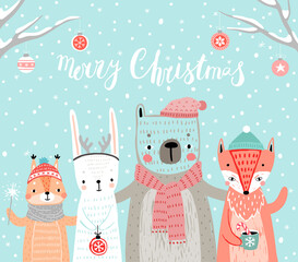 Poster - Christmas card with animals, hand drawn style. Woodland characters, rabbit, bear,fox and squirrel.
