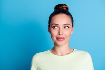 Poster - Photo of interested intrigued lady look empty space think isolated over blue pastel color background