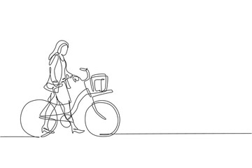 Poster - One single line drawing young happy startup employee woman ride bicycle to the coworking space vector graphic illustration. Healthy urban worker lifestyle concept. Modern continuous line draw design