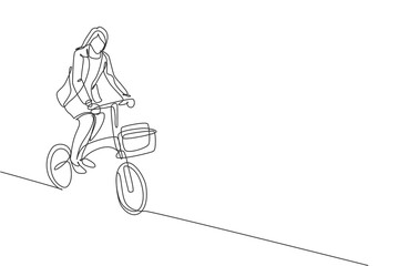 Poster - One continuous line drawing of young professional manager woman cycling ride folded bicycle to her office. Healthy working urban lifestyle concept. Dynamic single line draw design vector illustration