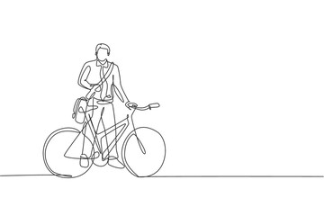 Poster - Single continuous line drawing young professional businessman riding bicycle to his company. Bike to work, eco friendly transportation concept. Trendy one line draw design vector graphic illustration
