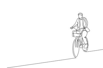 Poster - one single line drawing of young happy professional startup employee man ride bicycle to the coworki