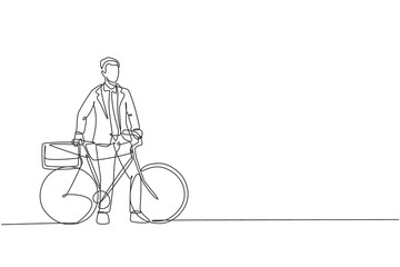 Poster - single continuous line drawing young professional businessman riding bicycle to his company. bike to