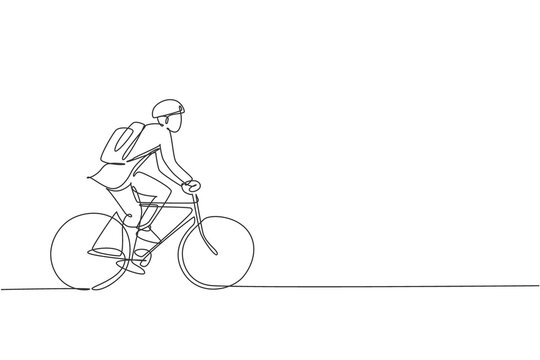 Single continuous line drawing young professional businessman riding bicycle to his company. Bike to work, eco friendly transportation concept. Trendy one line draw design graphic vector illustration