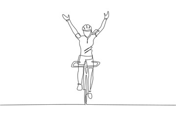 Poster - Single continuous line drawing of young agile woman cyclist raise her hands up upon the air. Sport lifestyle concept. Trendy one line draw design vector illustration for cycling race promotion media