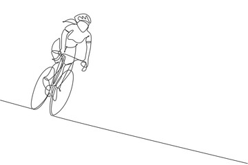 Poster - one single line drawing young energetic woman bicycle racer race at cycling track graphic vector ill
