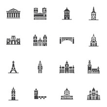 Tourism Cities Landmarks Vector Icons Set, Modern Solid Symbol Collection, Filled Style Pictogram Pack. Signs, Logo Illustration. Set Includes Icons As European Cities Landmark, Big Ben Tower, Bridge