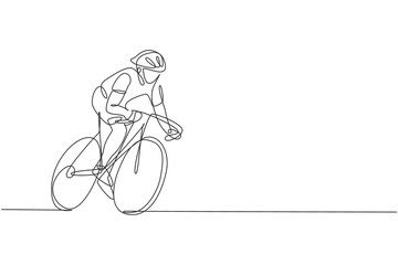 Poster - Single continuous line drawing of young agile man cyclist train to pedal cycling fast. Sport lifestyle concept. Trendy one line draw design vector illustration graphic for cycling race promotion media