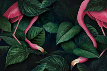 Flamingos On A Leafy Background