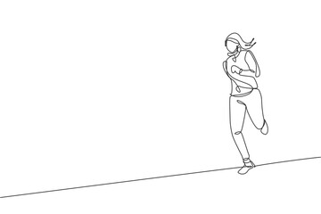 Wall Mural - One continuous line drawing of young sporty runner woman wearing hoodie and relax running. Healthy lifestyle and fun jogging sport concept. Dynamic single line draw graphic design vector illustration