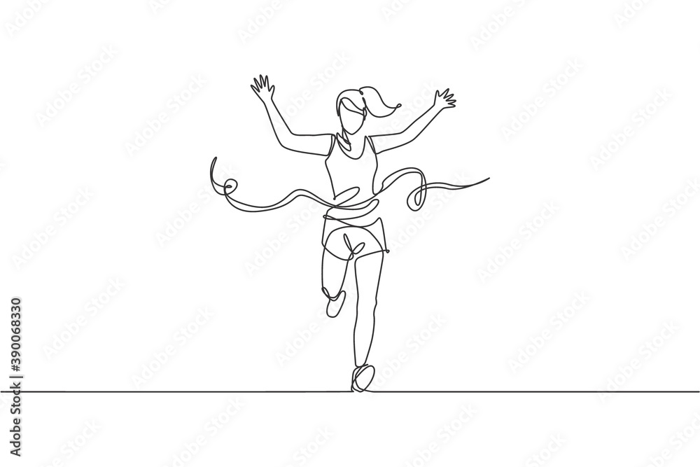 Single continuous line drawing young happy health runner woman running ...