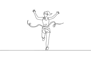 Poster - Single continuous line drawing young happy health runner woman running pass finish line at run race. Sport sprint and healthy lifestyle concept. Trendy one line draw graphic design vector illustration