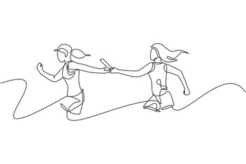 Poster - One single line drawing young happy runner women pass baton stick to her friend at race graphic vector illustration. Healthy lifestyle and competitive sport concept. Modern continuous line draw design