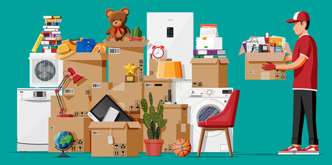 Wall Mural - Moving to new house. Family relocated to new home. Male mover, paper cardboard boxes with goods. Package for transportation. Electronics, clothes, home appliances, furniture. Flat vector illustration