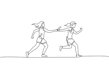 Wall Mural - One continuous line drawing young sporty runner women pass baton stick at run race event. Healthy lifestyle and fun jogging sport concept. Dynamic single line draw design vector graphic illustration