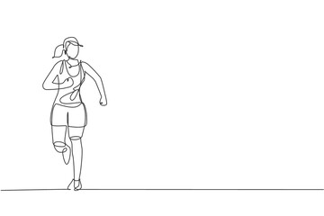 Poster - single continuous line drawing of young happy health runner woman running at run track. fun sport jo