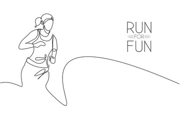 Poster - Single continuous line drawing of young agile woman runner hobby to run relax and calm. Healthy sport action concept. Trendy one line draw design graphic vector illustration for running race promotion
