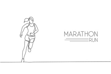 Poster - Single continuous line drawing of young agile woman runner hobby to run relax and calm. Healthy sport action concept. Trendy one line draw design graphic vector illustration for running race promotion