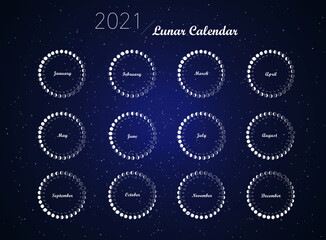 Wall Mural - 2021 moon phases calendar vector on dark blue