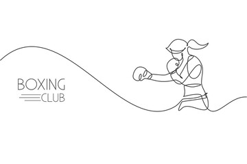 Poster - Single continuous line drawing of young agile woman boxer pose punch attack confidently. Fair combative sport concept. Trendy one line draw design vector illustration for boxing game promotion media