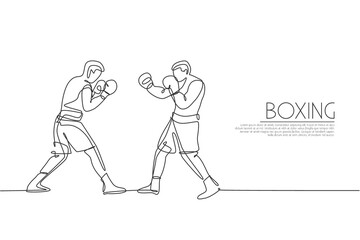 Poster - one single line drawing two young energetic men boxer fighting at event vector illustration graphic.