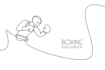 Poster - One continuous line drawing of young sporty man boxer focus practicing at gym. Competitive combat sport concept. Dynamic single line draw design vector illustration for boxing match promotion poster