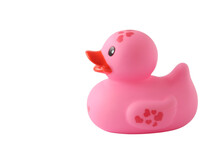 Pink Rubber Toy Duckling On A White Background, Without Shadow. Side View. With Space For Text.