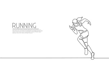 Wall Mural - One continuous line drawing of young woman athlete runner focus sprint fast. Individual sport, competitive concept. Dynamic single line draw design vector illustration for running competition poster