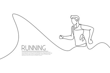 Poster - One single line drawing of young energetic man runner run relax graphic vector illustration. Individual sports, training concept. Modern continuous line draw design for running competition banner