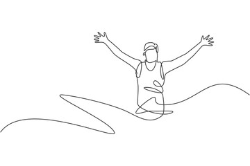 Poster - One continuous line drawing of young man athlete runner reach finish line. Individual sport, competitive concept. Dynamic single line draw design vector illustration for running competition poster