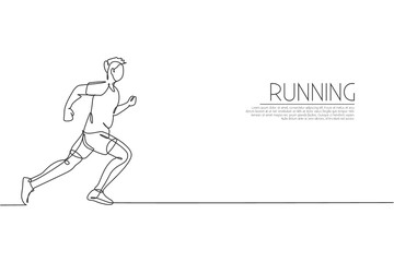 Poster - One single line drawing of young energetic man runner running fast graphic vector illustration. Individual sports, training concept. Modern continuous line draw design for running competition banner