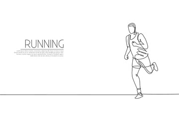 Poster - one single line drawing young energetic man runner focus run relax vector graphic illustration. indi