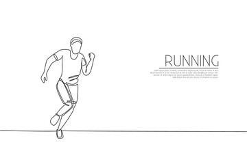 Poster - Single continuous line drawing of young agile man runner try to reach finish. Individual sport and competition concept. Trendy one line draw design vector illustration for running tournament promotion