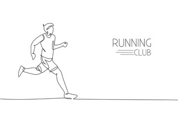 Poster - one continuous line drawing of young man athlete runner run relax. individual sport, competitive con