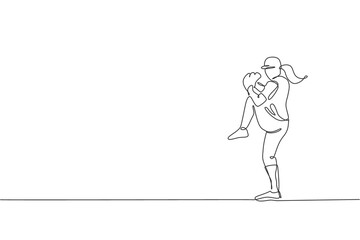 Wall Mural - Single continuous line drawing of young agile woman baseball player practice to throw the ball. Sport exercise concept. Trendy one line draw design vector illustration for baseball promotion media