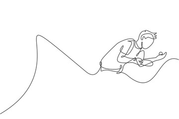 Poster - One single line drawing of young energetic man table tennis player practice serve a ball vector illustration. Sport training concept. Modern continuous line draw design for ping pong tournament banner