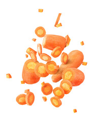 Poster - Peeled carrots cutting and falling isolated on a white background