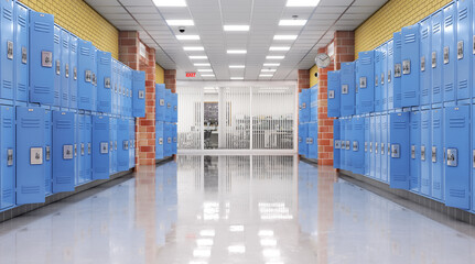 Wall Mural - Long school corridor with blue lockers , 3d illustration