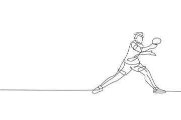 Poster - One continuous line drawing of young sporty man table tennis player hold the opponent ball. Competitive sport concept. Single line draw design vector illustration for ping pong championship poster