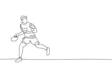 Poster - one single line drawing of young energetic man table tennis player run to catch the ball vector illu