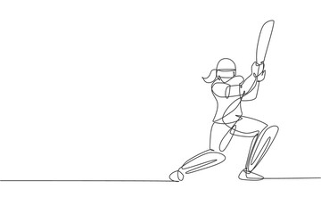 Wall Mural - One continuous line drawing of young happy woman cricket player focus to hit the ball at field vector illustration. Competitive sport concept. Dynamic single line draw design for advertisement poster