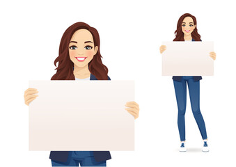 Wall Mural - Casual cute businesss woman holding empty blank board isolated vector illustration