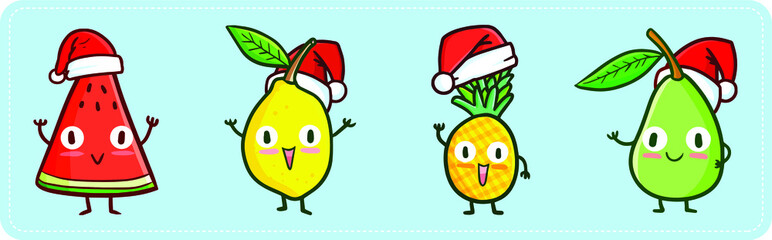 Wall Mural - Funny and cute four fruits wearing Santa's hat for Christmas celebration