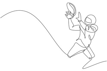 Poster - Single continuous line drawing of young agile man american football player exercising to catch the ball for competition media. Sport exercise concept. Trendy one line draw design vector illustration