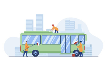 Wall Mural - Workers cleaning and washing bus. Vehicle, detergent, work flat vector illustration. Service and public transport concept for banner, website design or landing web page