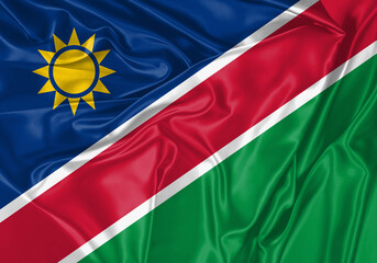 Namibia flag waving in the wind. National flag on satin cloth surface texture. Background for international concept.