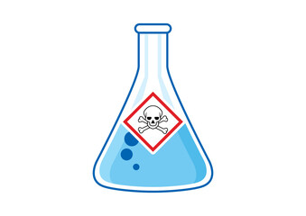 Laboratory chemical beaker with toxic liquid and hazard symbol icon vector. Dangerous symbol with skull icon. The skull and crossbones symbol vector. Glass container with poisonous liquid clip art