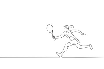 Poster - One continuous line drawing young happy woman tennis player run and hit the ball. Competitive sport concept. Dynamic single line draw design vector graphic illustration for tournament promotion poster