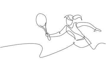 Poster - One continuous line drawing of young happy female tennis player run and hit the ball. Competitive sport concept. Dynamic single line draw design vector illustration for tournament promotion poster