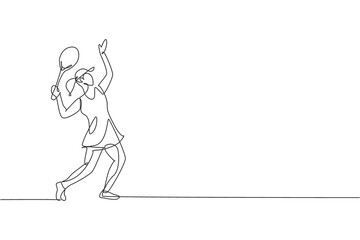 Poster - one single line drawing of young energetic woman tennis player ready to hit service ball vector illu